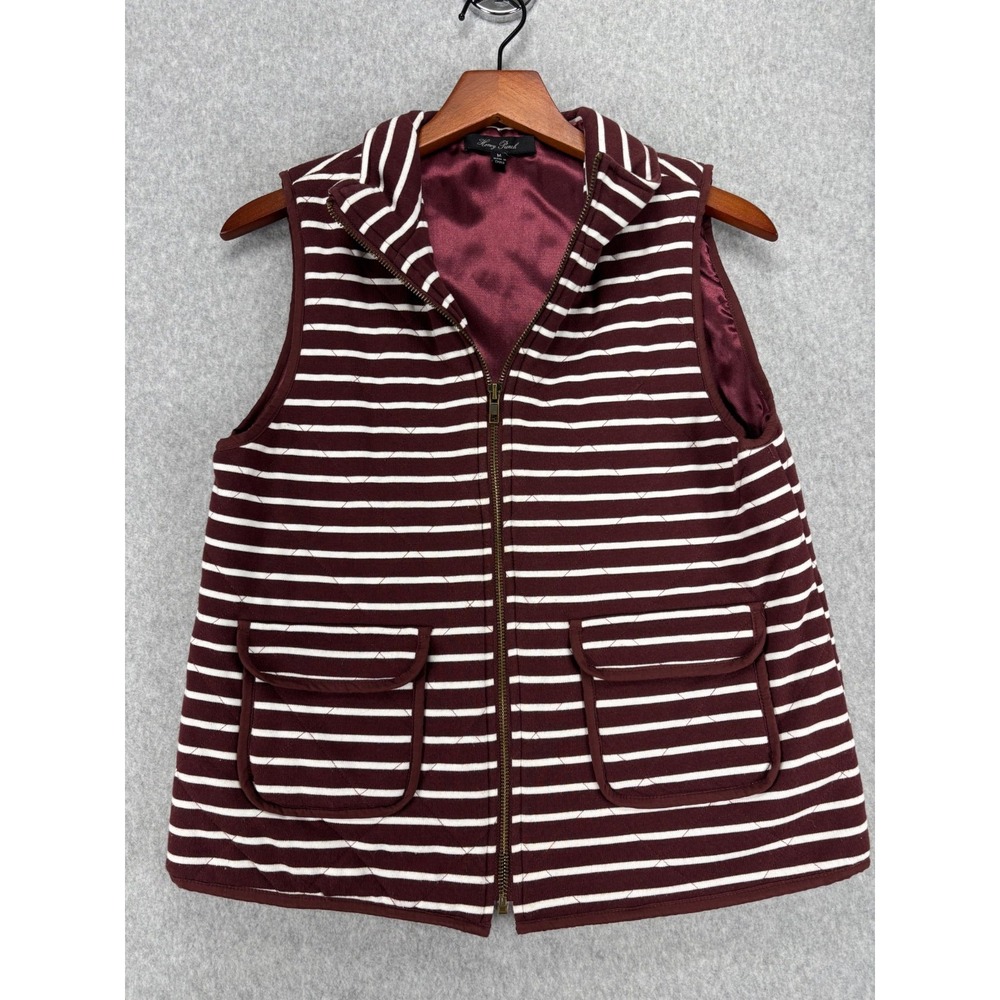 Honey Punch Quilted Stripe Vest Womens M Burgundy Cream‎ Zip Up Puffer Lined
